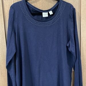 Navy Long Sleeve Top with Embellished Neckline Chico size 3